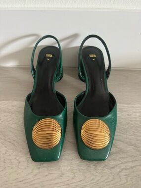 ZARA Green Leather Slingback Mules with Gold Medallion
